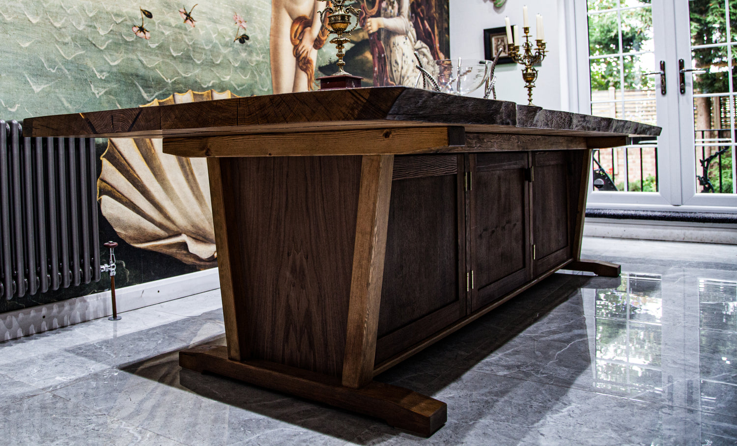 Introducing Live Edge Creations' Grand Dining Table in Rich High Quality Black Walnut Wood. Radiating with Allure, this Exquisite Handmade Table Showcases Live Edge Accents, Embracing a Natural and Organic Aesthetic.