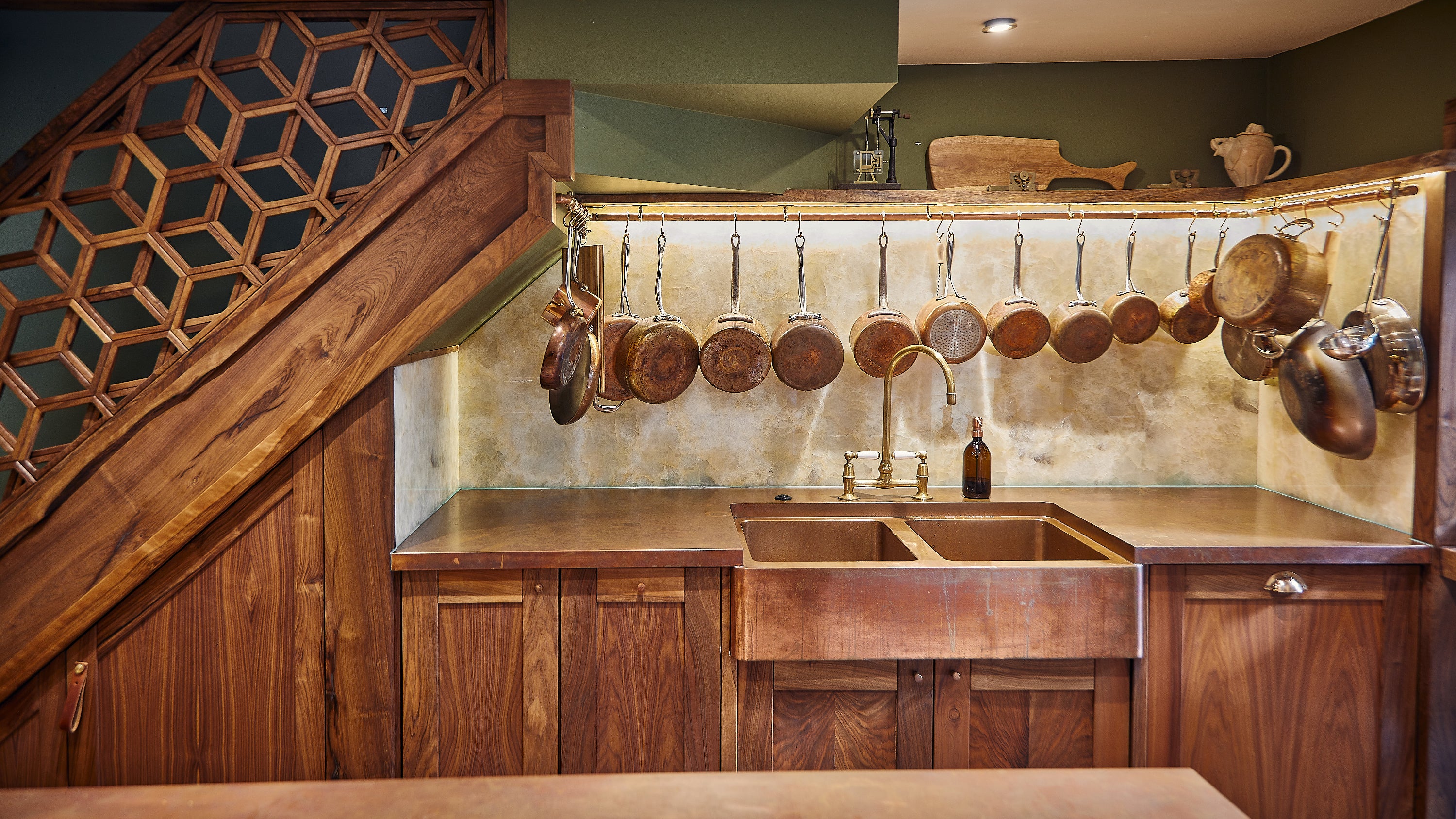 Live Edge Creations Live Edge Kitchen in Black Walnut wood, high quality bespoke craftmanship and customised staircase.