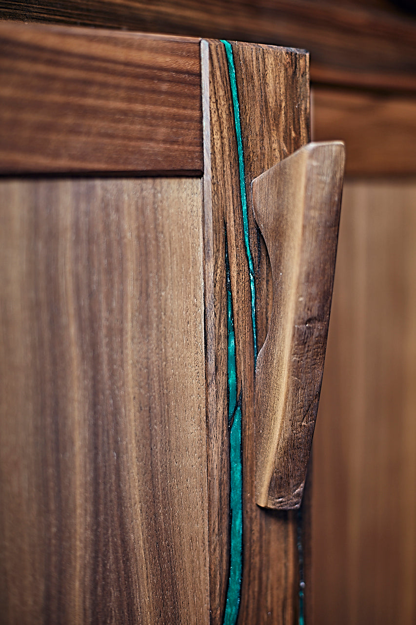 Customised Black Walnut Live Edge Cupboard - Luxurious woodwork tailored to your living space, featuring unique crafted handles from Live Edge off-cut pieces.